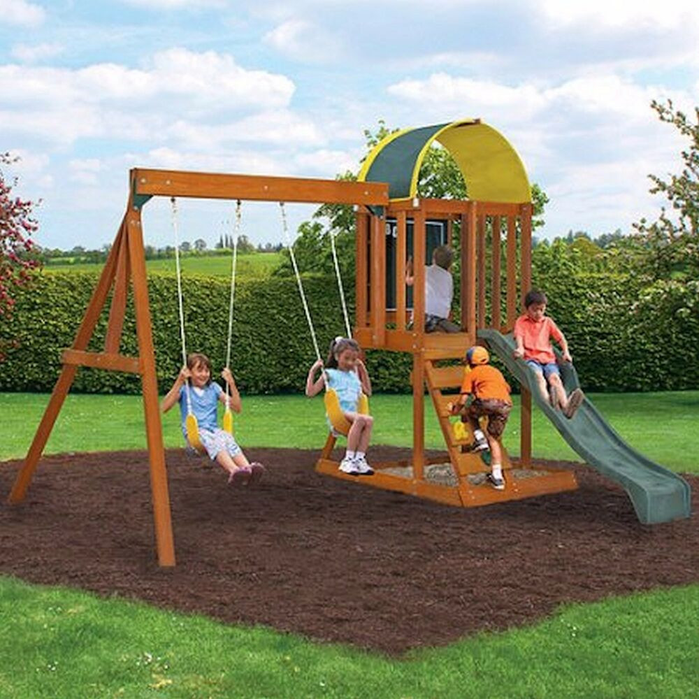 Backyard Swing Set
 Wooden Outdoor Swing Set Playground Swingset Playset Kids
