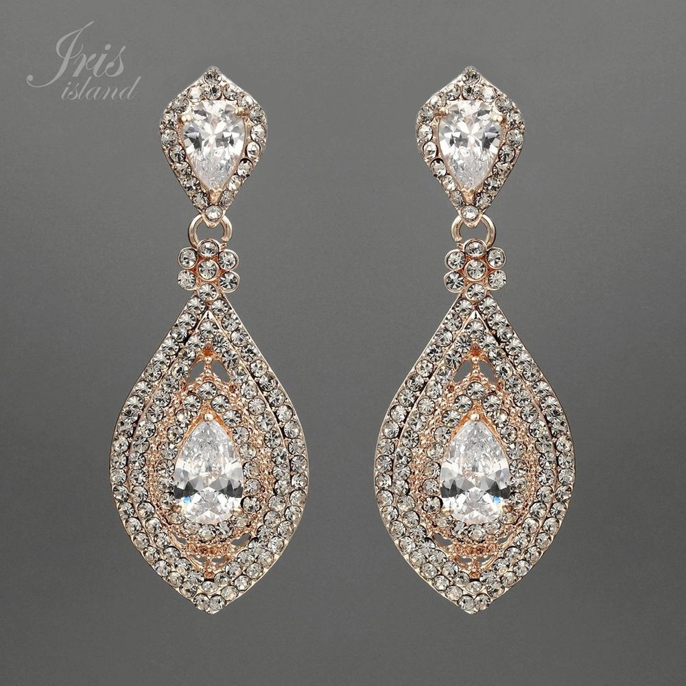 Chandelier Earrings Gold
 ROSE GOLD Plated Clear Crystal Rhinestone CZ Bridal Drop
