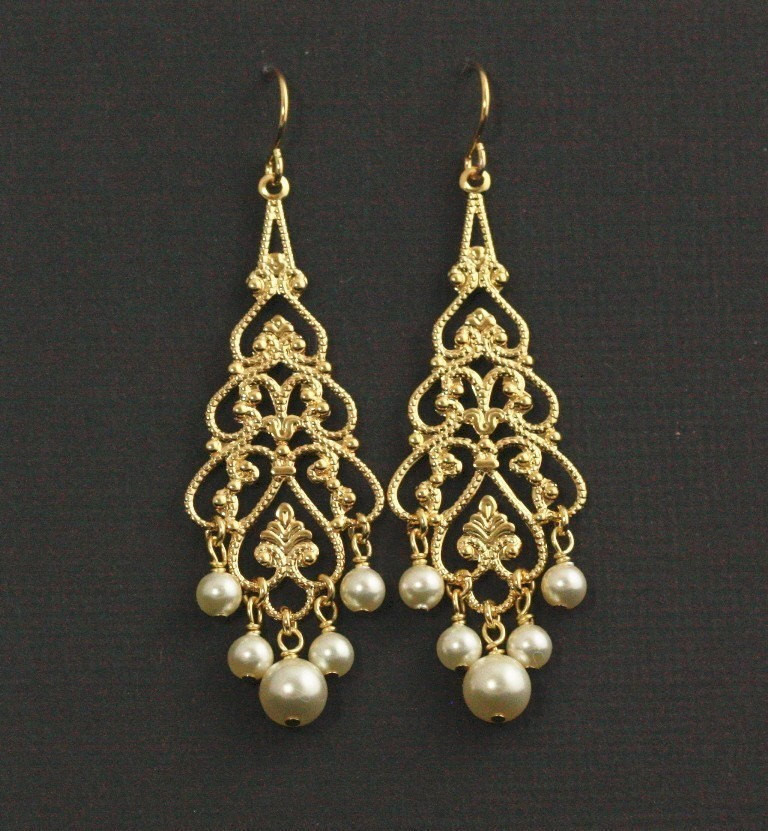 Chandelier Earrings Gold
 Gold Pearl Chandelier Earrings Pearl Bridal by plumbcrazy