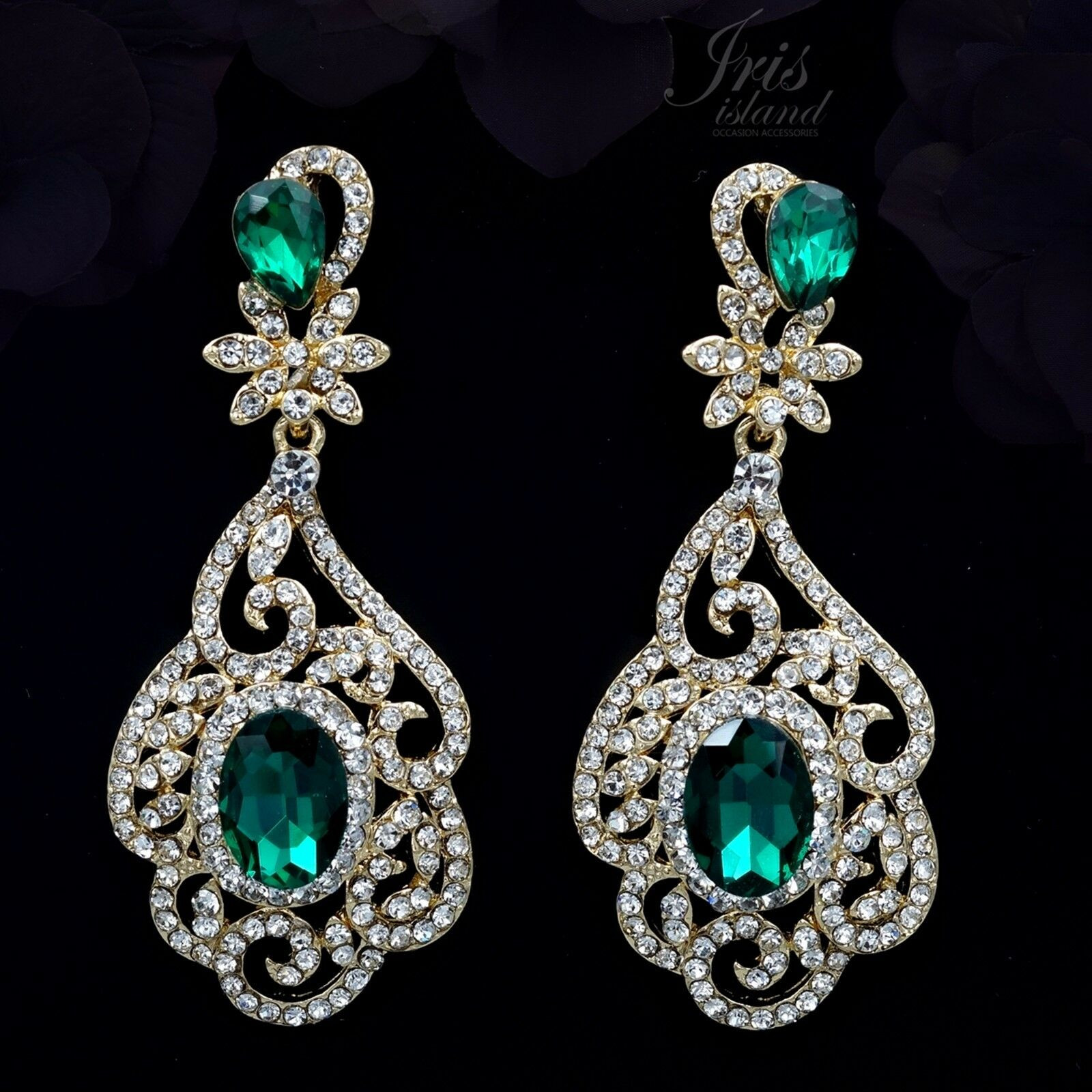 Chandelier Earrings Gold
 18K Gold Plated Green Crystal Rhinestone Drop Dangle