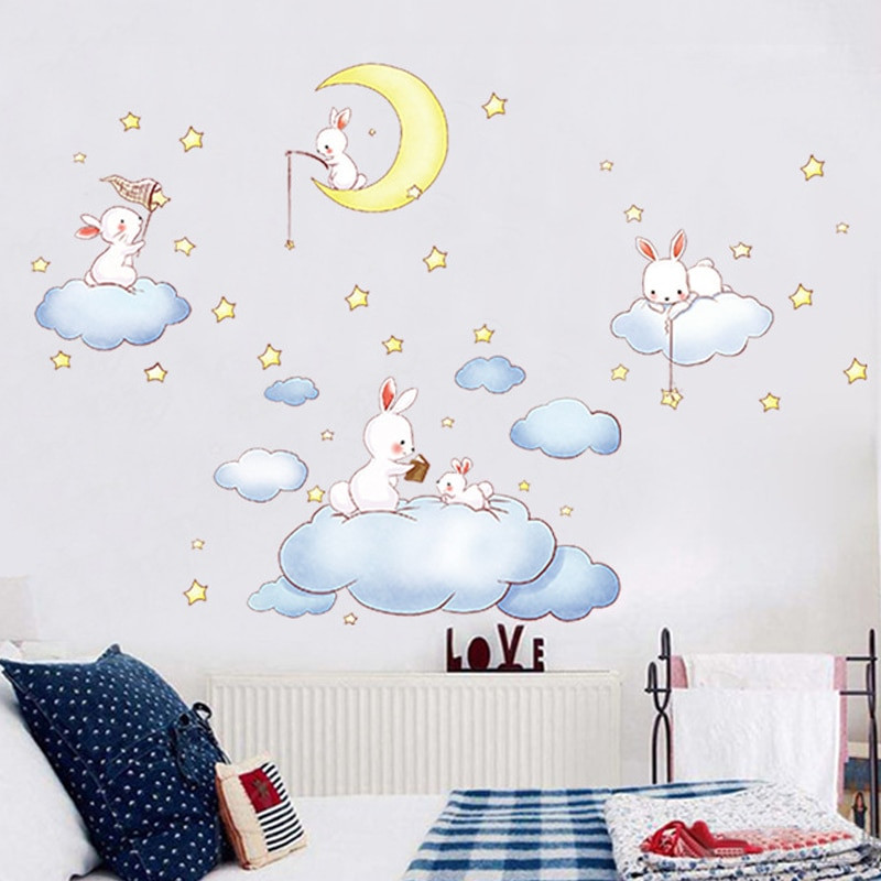 Childrens Bedroom Wall Stickers Removable
 Cute clouds rabbit wall stickers for kids rooms removable