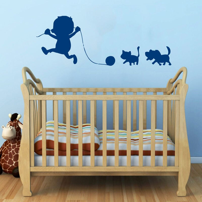 Childrens Bedroom Wall Stickers Removable
 Modern Design Baby Boy Playing With Pets Wall Stickers