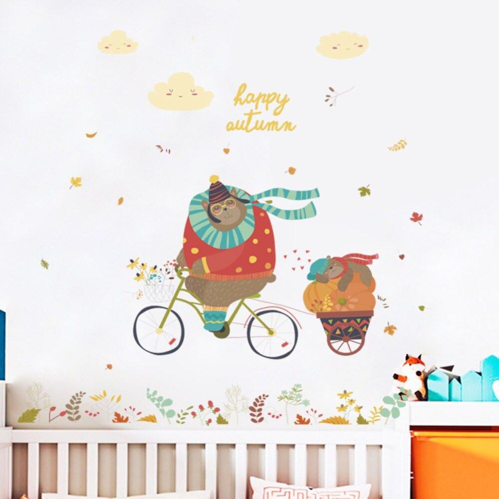 Childrens Bedroom Wall Stickers Removable
 Cartoon Lovely Biking Bear Wall Stickers for Kids room