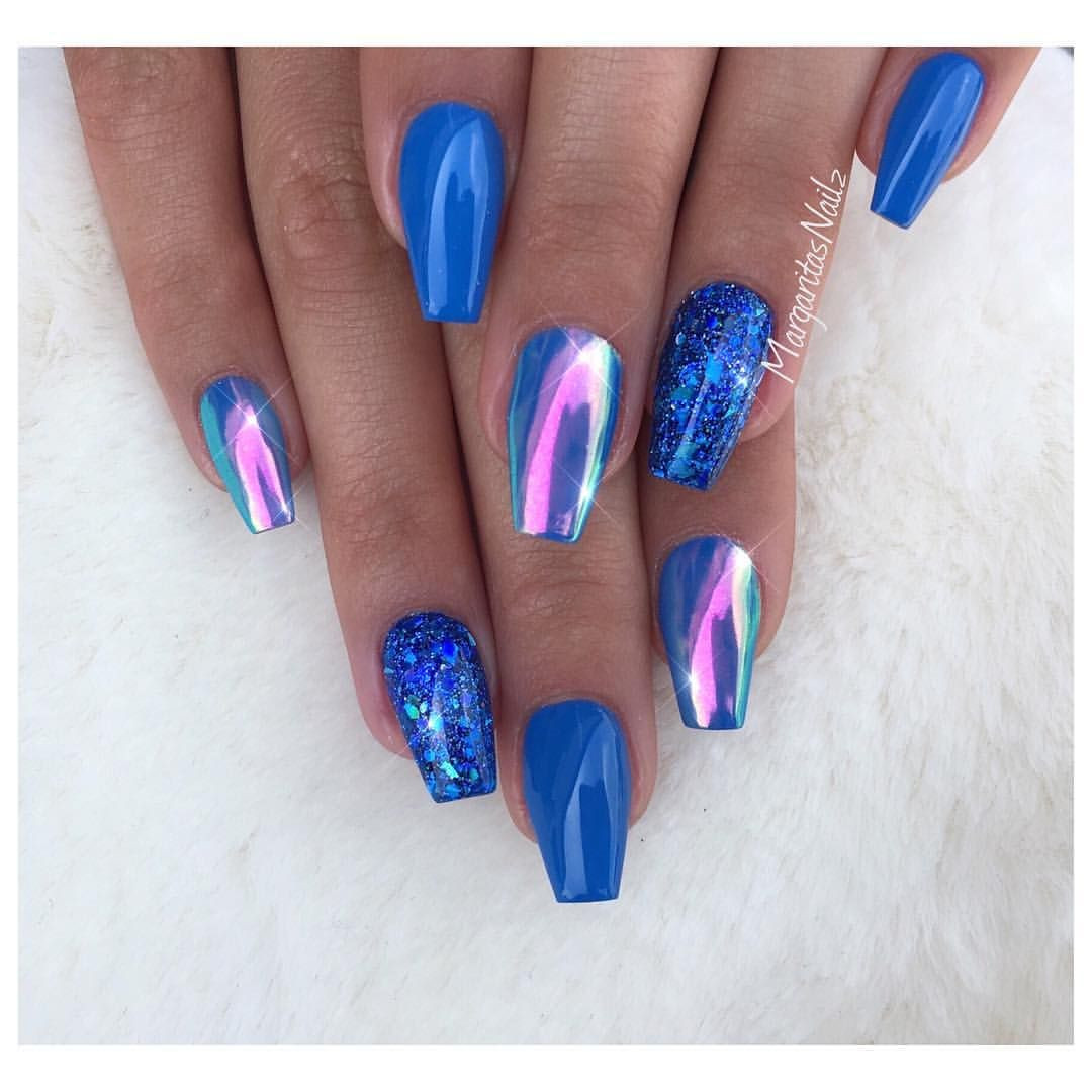Chrome Glitter Nails
 Blue coffin nails Rainbow chrome nail art design