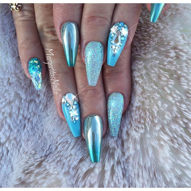 Chrome Glitter Nails
 Icy blue glitter chrome 3D rhinestone coffin nails