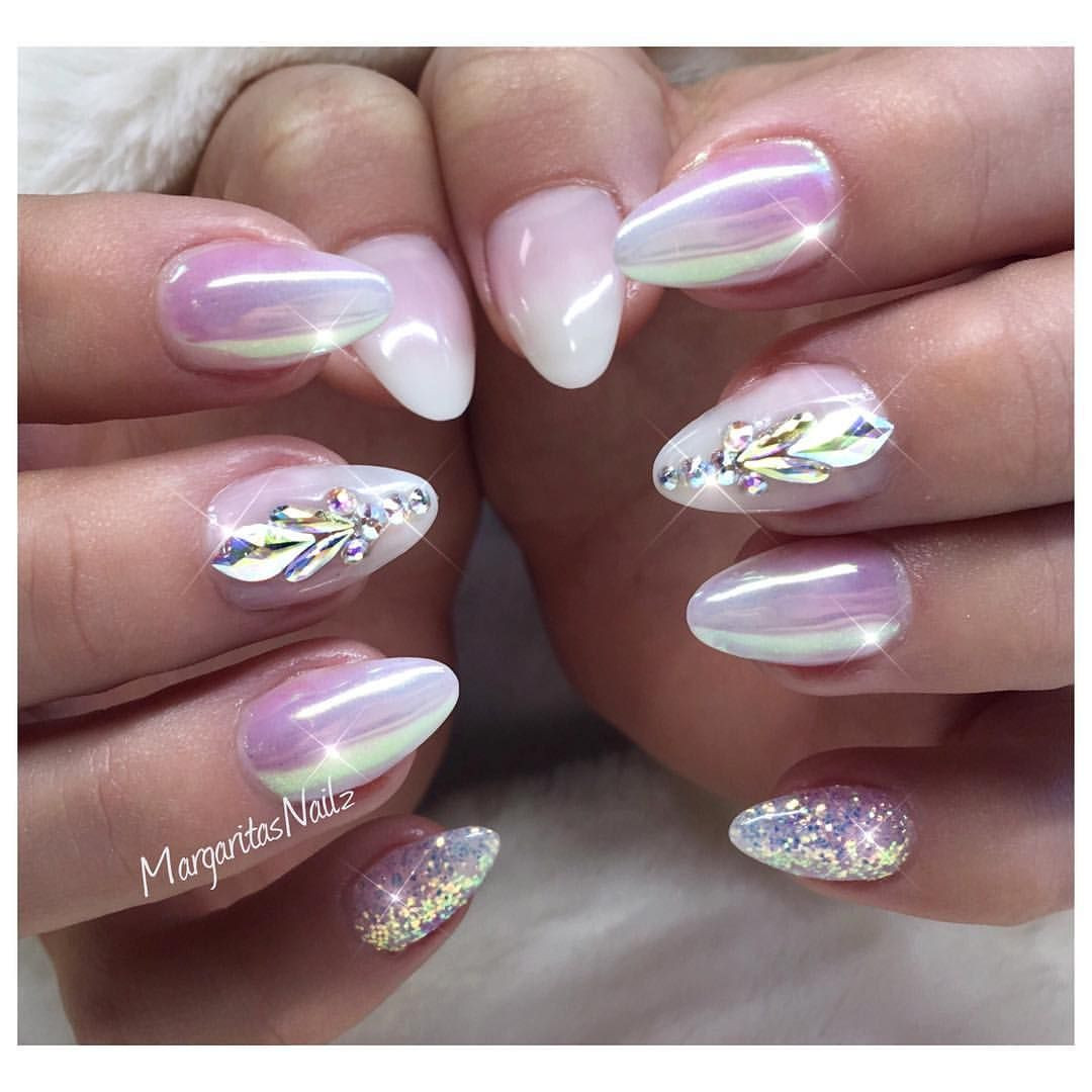Chrome Glitter Nails
 White ombré almond nails chrome nail art Swarovski design