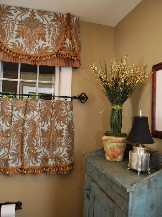 Formal Kitchen Curtains
 highly stylized valance with cafe curtain for a more