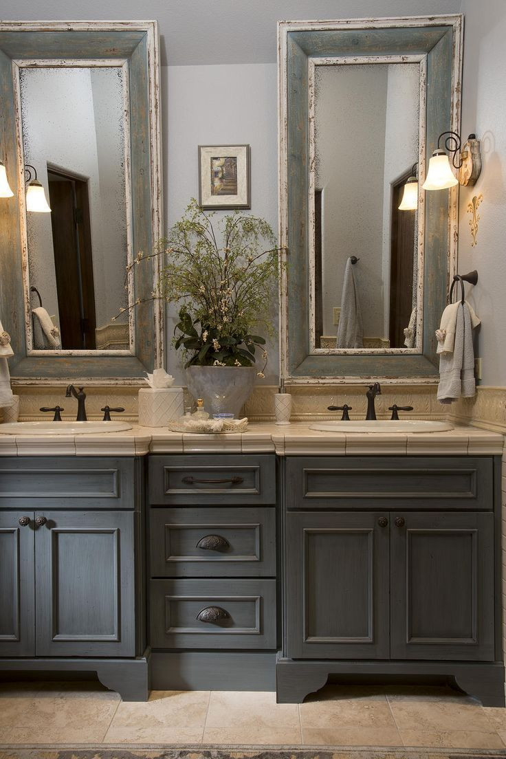 French Country Bathroom Mirrors
 French Country bathroom gray washed cabinets mirrors