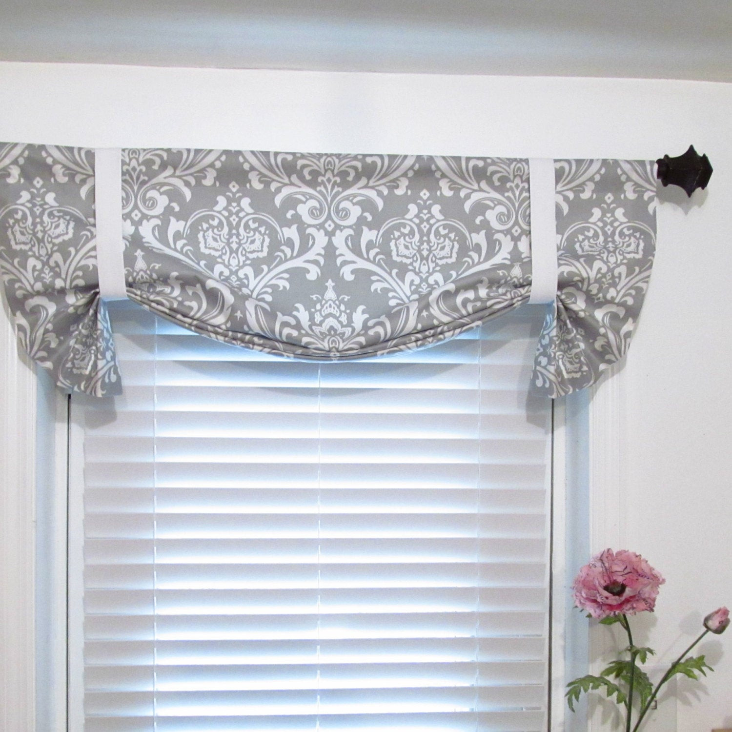 Grey Kitchen Curtains
 Tie Up Curtain Valance Gray White Damask by supplierofdreams