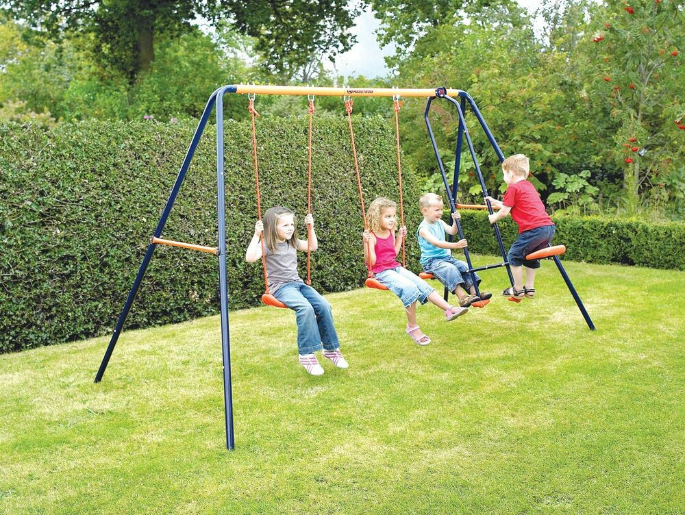 Kids Double Swing
 Childrens Kids Robust Metal Outdoor Garden Double Swing