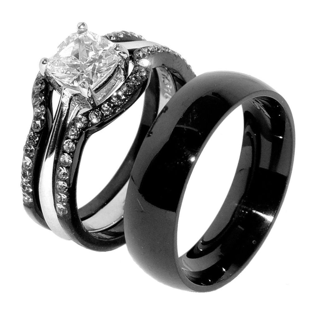 Mens Black Wedding Rings
 His & Hers 4 PCS Black IP Stainless Steel Wedding Ring Set
