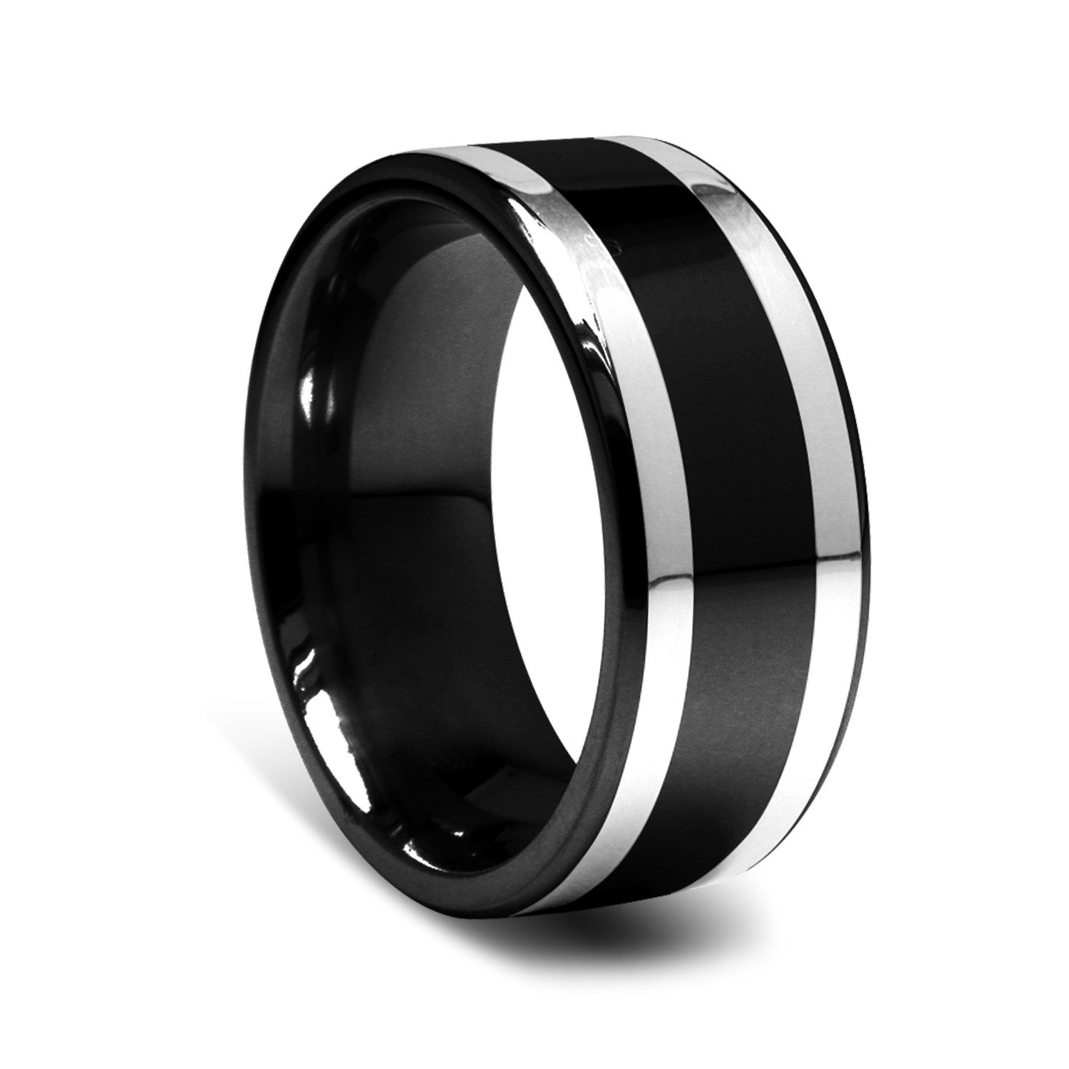 Mens Black Wedding Rings
 9mm Black Titanium Men’s Ring with Silver Inlay