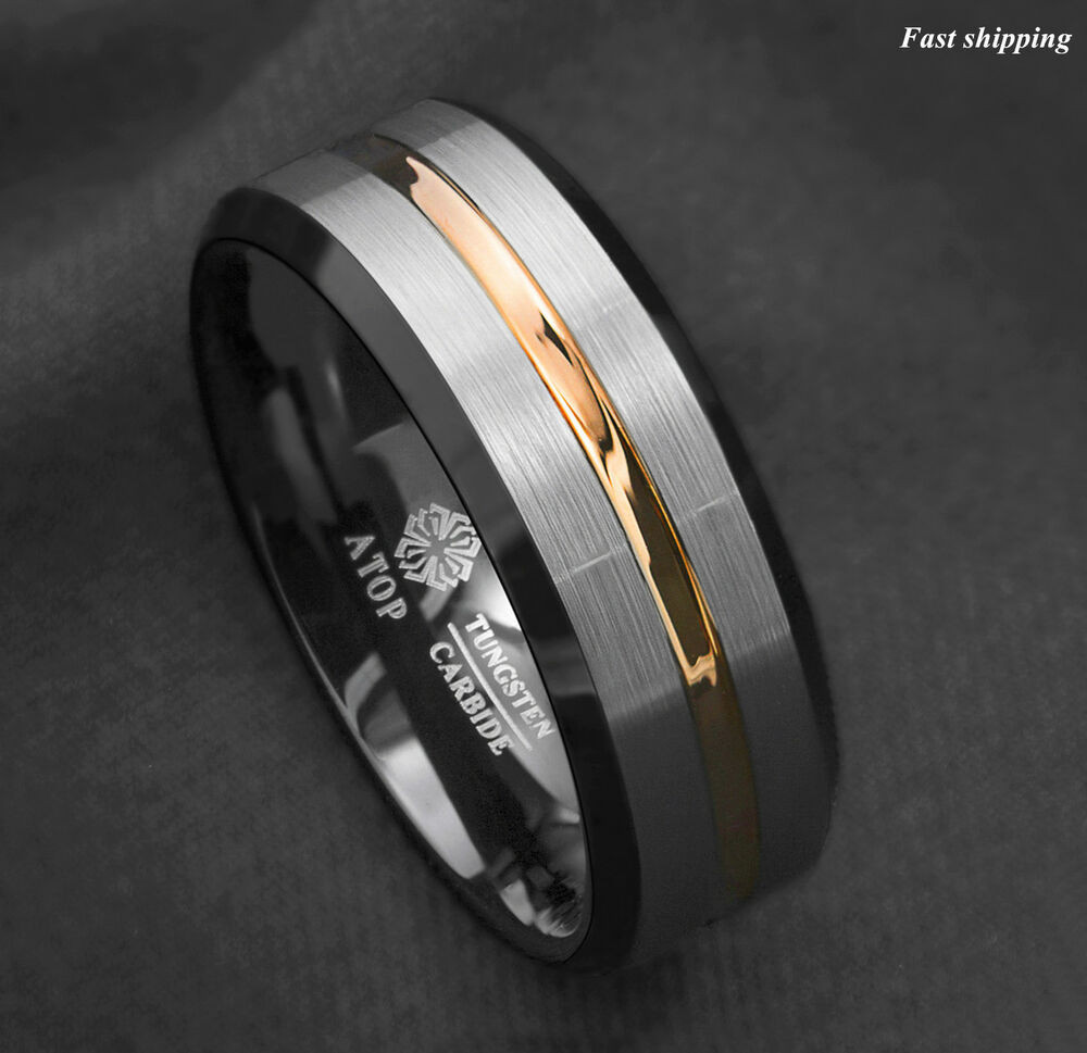 Mens Black Wedding Rings
 8Mm Silver Brushed Black edge Tungsten Ring Gold Stripe