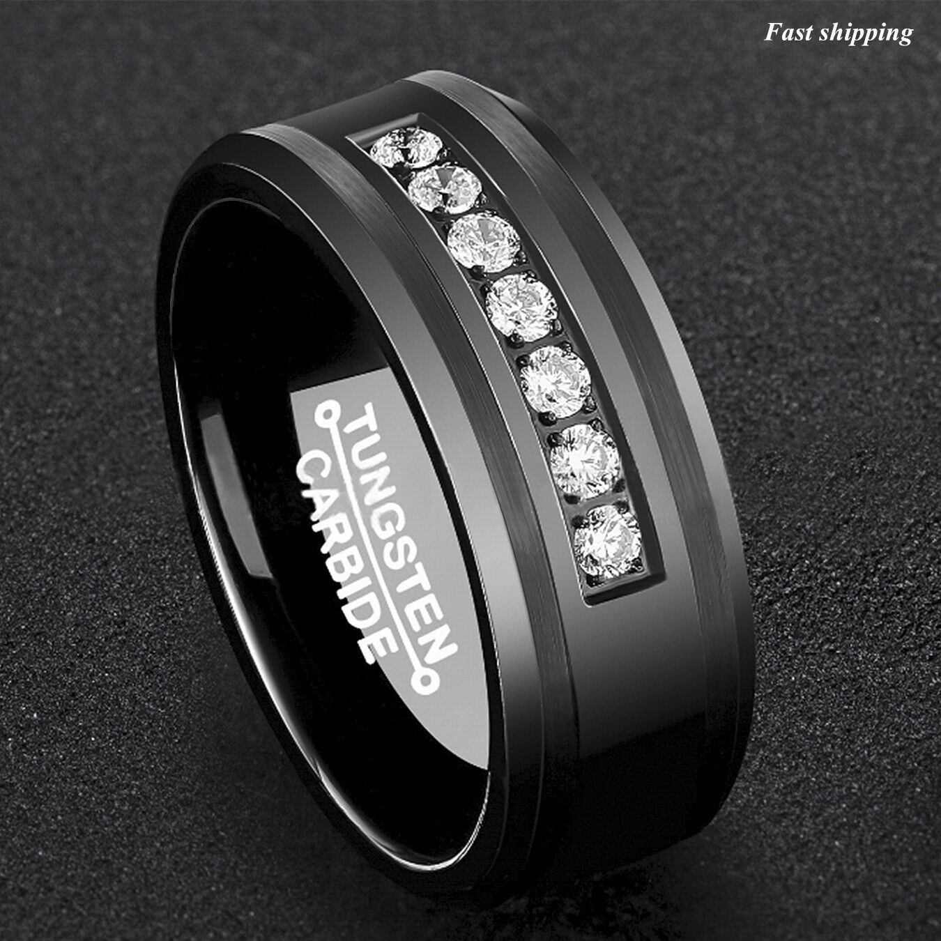 Mens Black Wedding Rings
 8Mm Black Tungsten Carbide Ring Diamonds Inlay fort Fit
