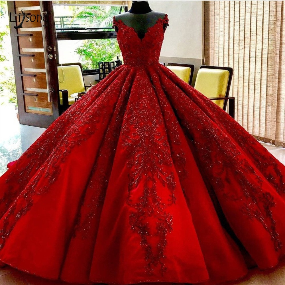 Red Ball Gown Wedding Dresses
 Luxury Red Beaded Wedding Dresses 2019 Saudi Arabic Puffy