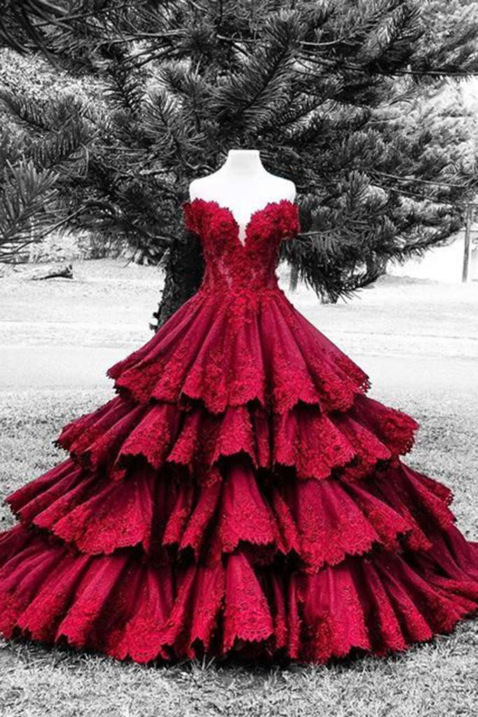 Red Ball Gown Wedding Dresses
 Gorgeous red lace sweetheart satins handmade flowers A