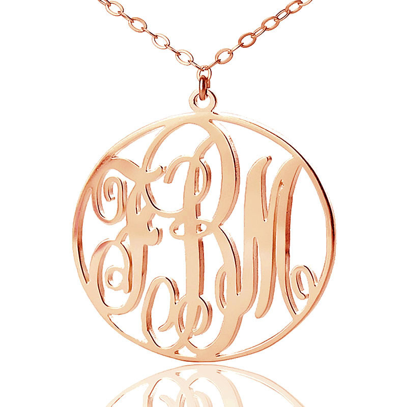Rose Gold Monogram Necklace
 Personalized Rose Gold Vine Font Circle Initial Monogram