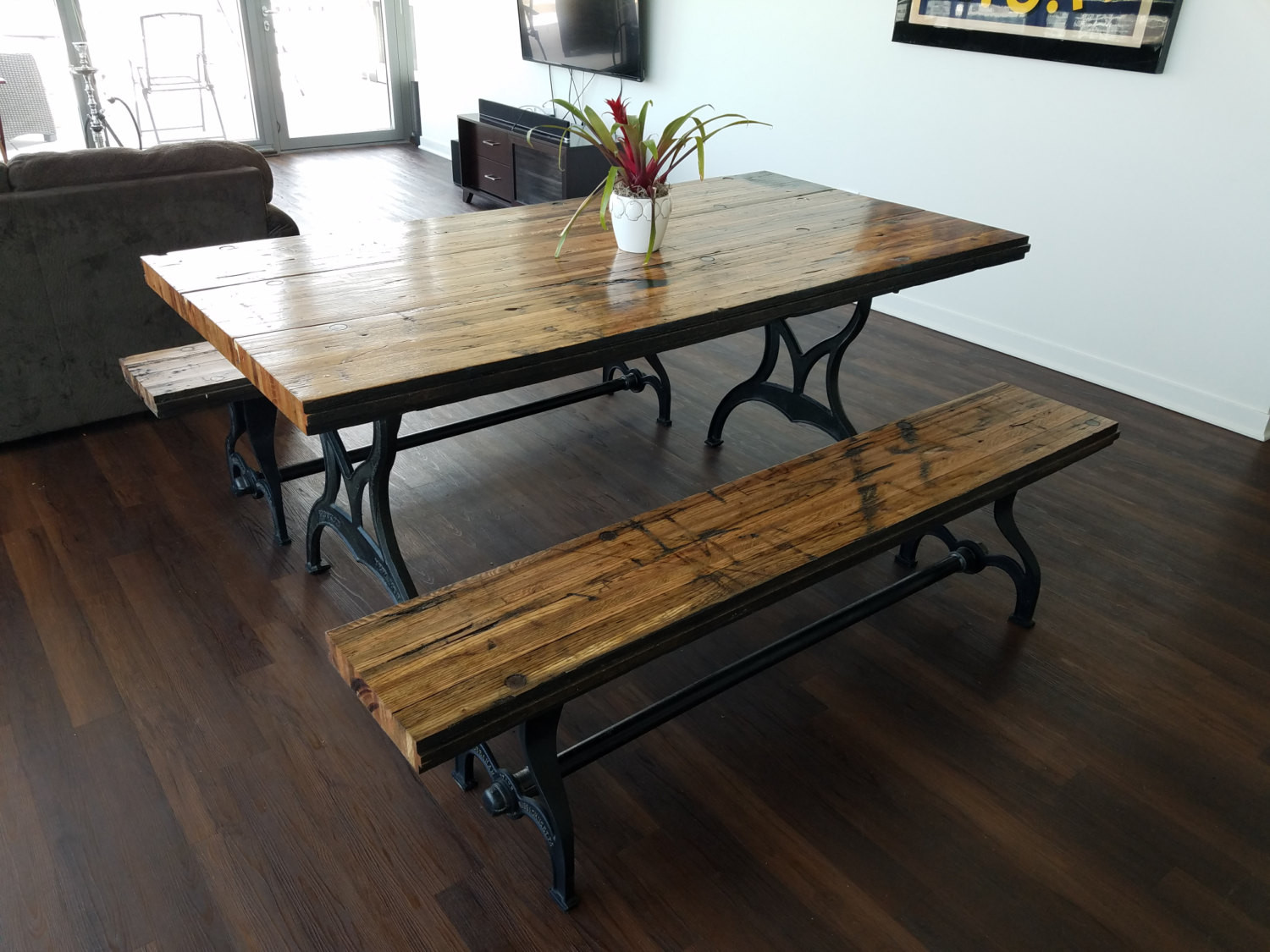 Rustic Kitchen Tables With Bench
 Reclaimed Oak Boxcar Plank Table with benches Recycled