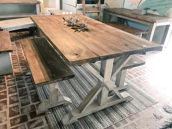 Rustic Kitchen Tables With Bench
 Rustic Pedestal Farmhouse Table With Benches Provincial Brown