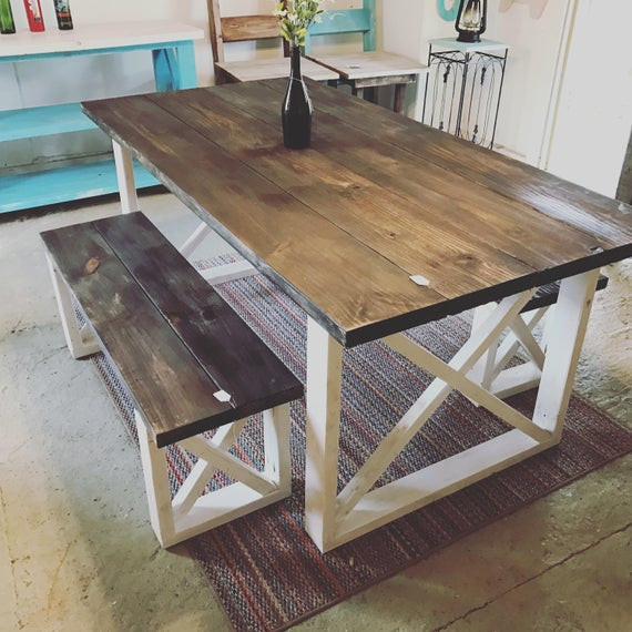 Rustic Kitchen Tables With Bench
 Rustic Farmhouse Table With Benches with Dark Walnut Top and