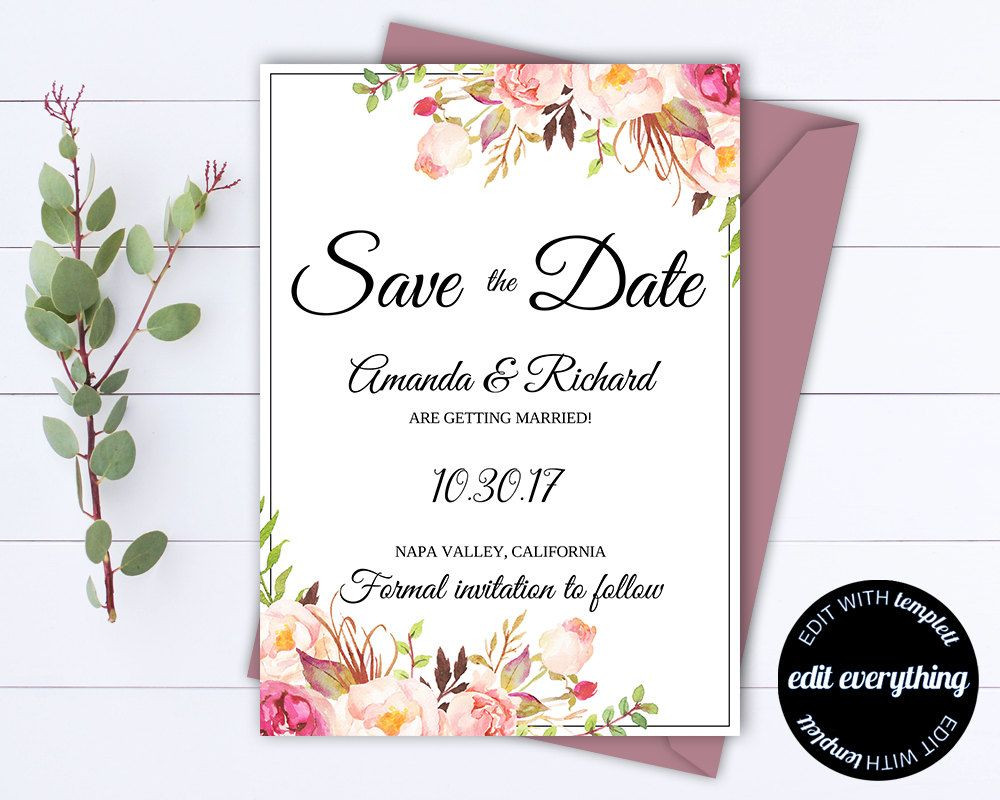 Save The Date And Wedding Invitations
 Pink Floral Save the Date Wedding Template Pink Floral