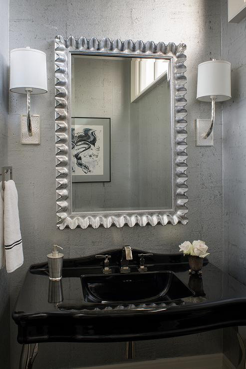 Silver Bathroom Wall Decor
 Silver and Black Powder Room with Silver Leaf Wallpaper