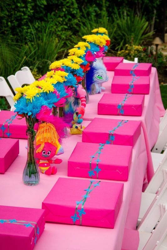 Trolls Party Decoration Ideas
 Trolls themed birthday party kids table decoration with