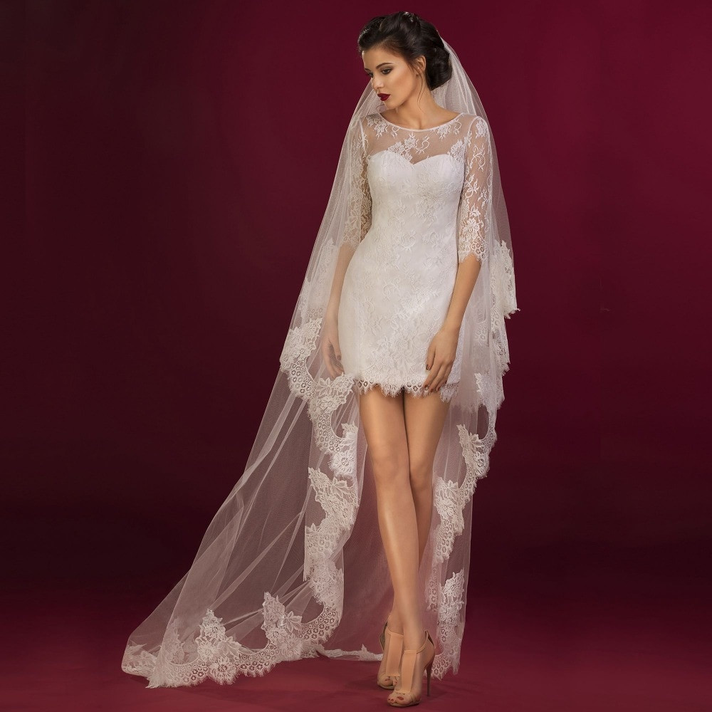 Veils For Short Wedding Dresses
 Elegant Short Lace Wedding Dresses 2016 Sheer Scoop Neck