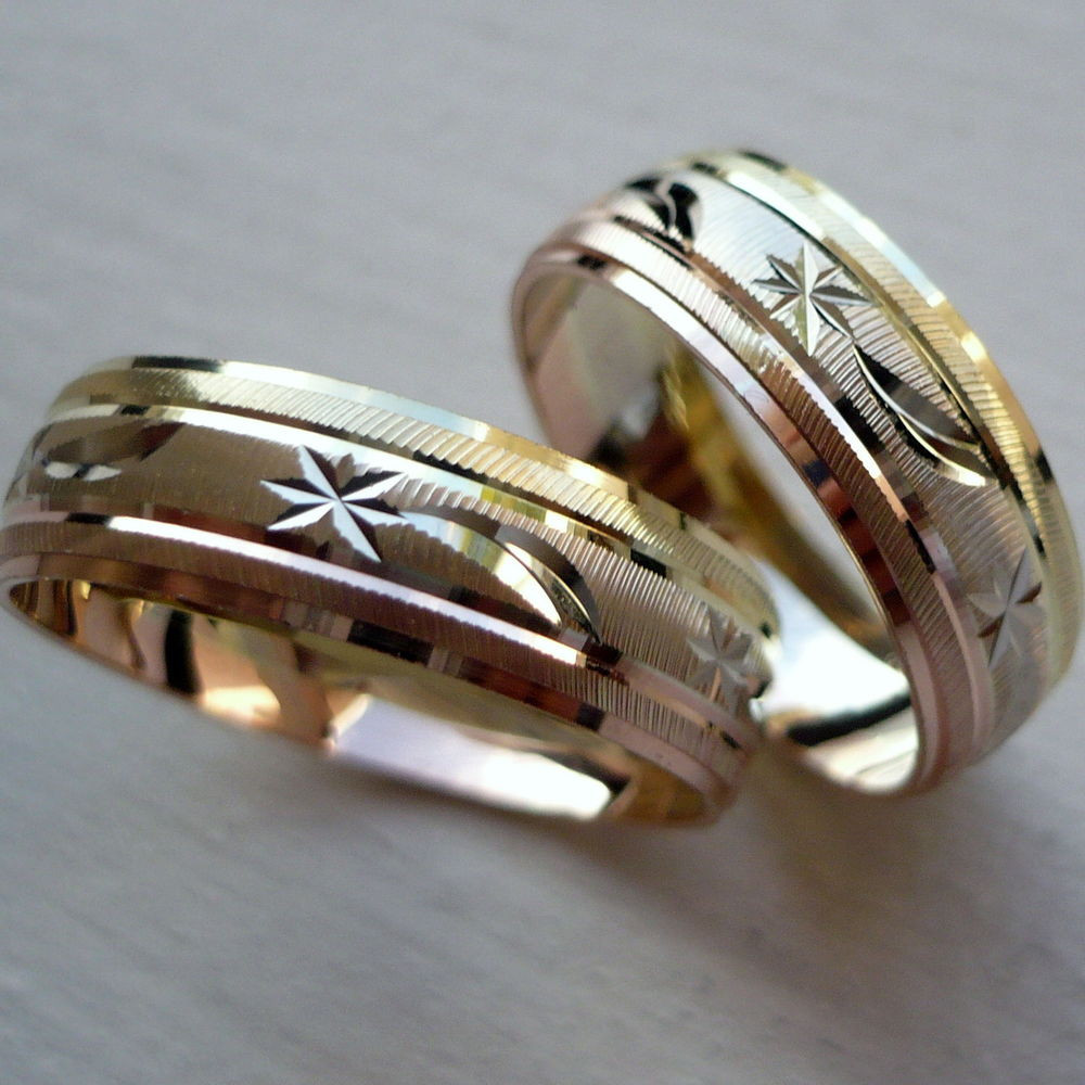 Wedding Bands Gold
 10K SOLID TRICOLOR GOLD HIS AND HER WEDDING BAND RING SET
