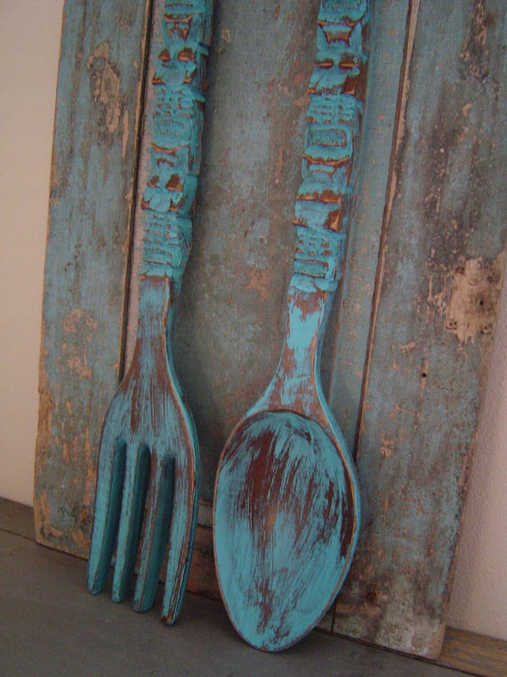 Wooden Kitchen Wall Art
 Turquoise Spoon Fork Wooden Wall Decor Distressed BIG