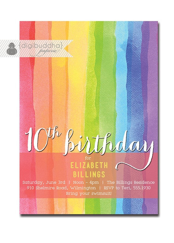 10th Birthday Party Invitations
 Rainbow Birthday Invitation 10th 9th 8th Milestone Party