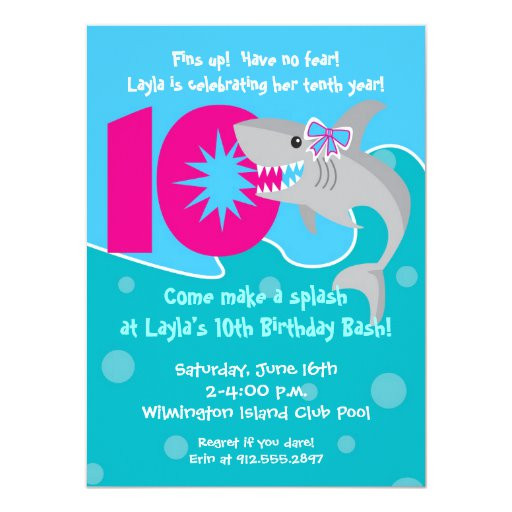10th Birthday Party Invitations
 Girl Shark Bite Invite 10th Birthday Party Card