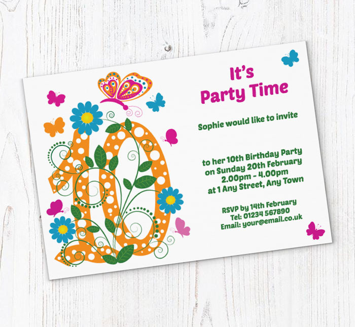 10th Birthday Party Invitations
 Butterfly 10th Birthday Party Invitations