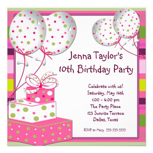 10th Birthday Party Invitations
 Pink Balloons Presents Girls Birthday Party 5 25x5 25