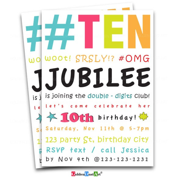 10th Birthday Party Invitations
 Double Digits Birthday Party Invitation 10th Birthday Invite