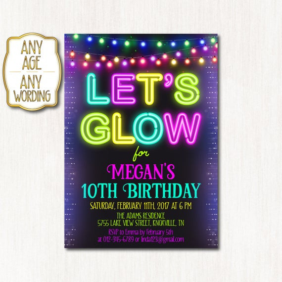 10th Birthday Party Invitations
 10th birthday invitation Neon birthday party NEON tenth