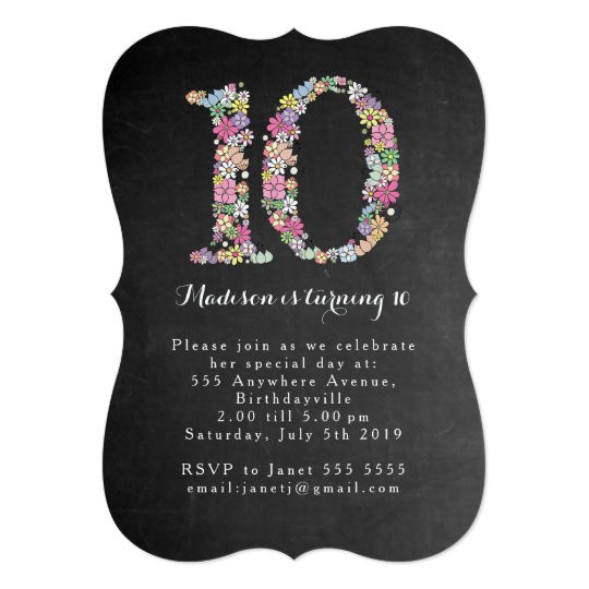 10th Birthday Party Invitations
 Chalkboard Girls Floral 10th Birthday Party Invite