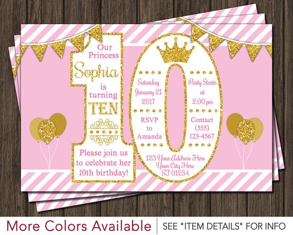 10th Birthday Party Invitations
 Princess Birthday Invitation 10th Birthday Invitations Age