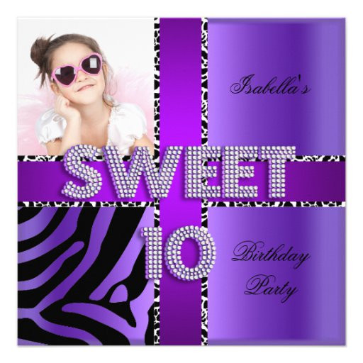 10th Birthday Party Invitations
 Sweet 10 10th Birthday Zebra Cow Purple Black 5 25x5 25