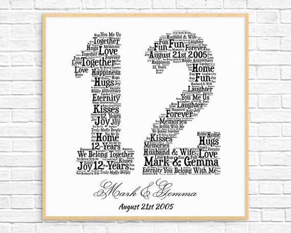12 Year Wedding Anniversary Gifts For Him
 PERSONALIZED 12TH ANNIVERSARY Gift Word Art Printable Art