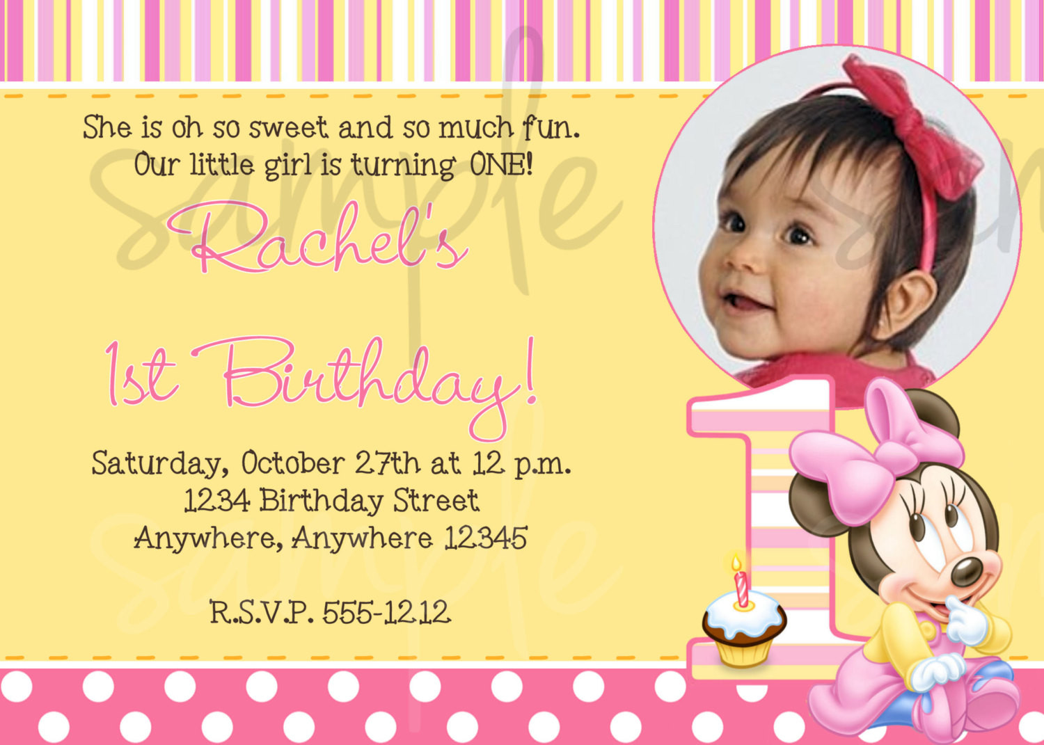 1st Birthday Party Invitation Wording
 Minnie Mouse 1st Birthday Invitation
