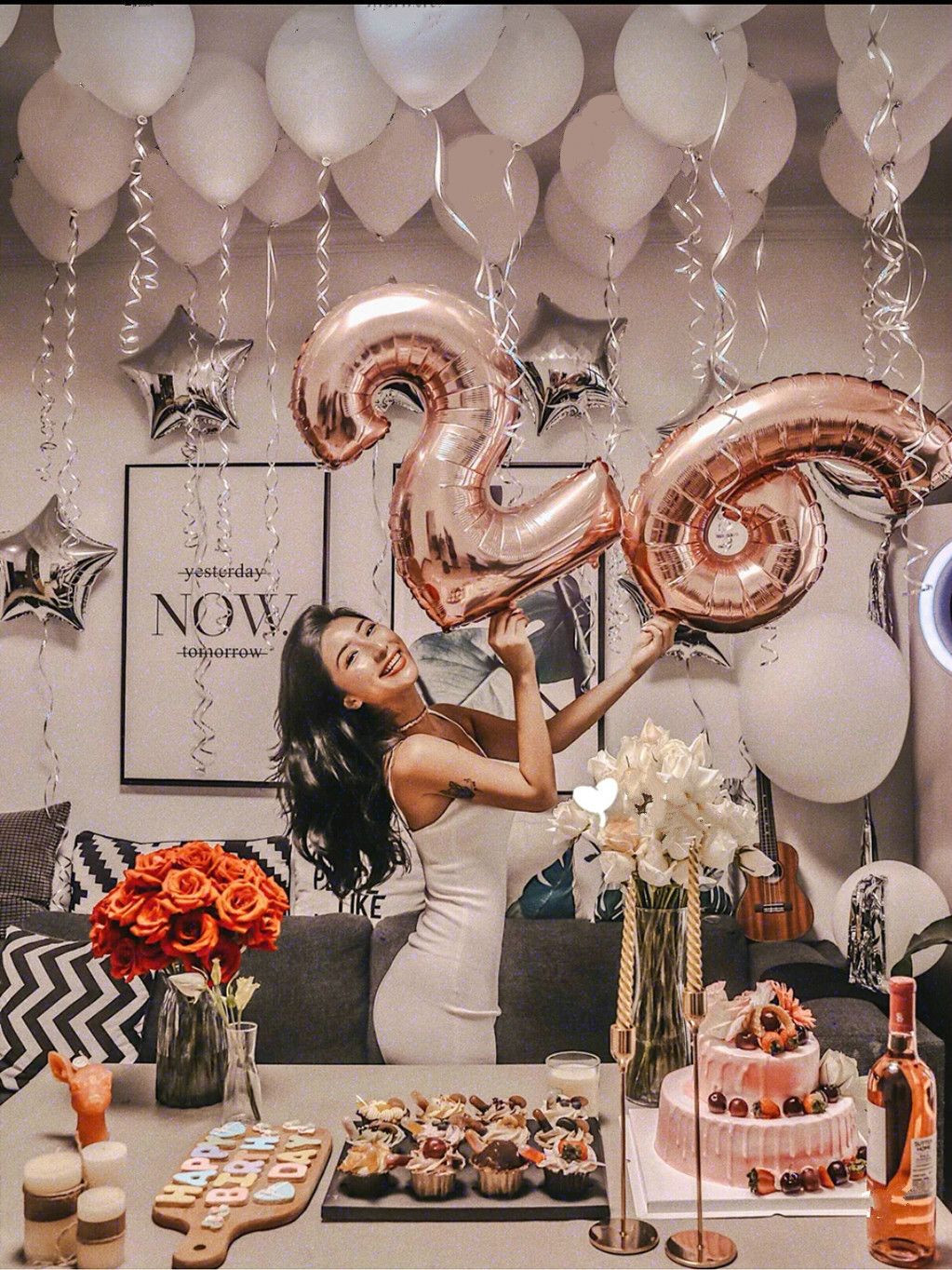 26th Birthday Party Ideas
 Rose Gold Birthday Number balloon with white balloons