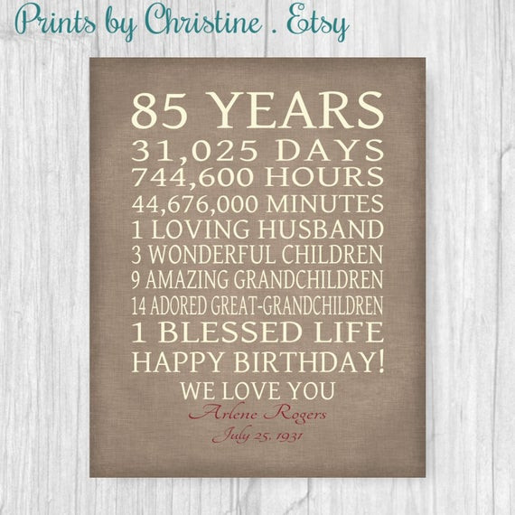 85th Birthday Quotes
 85th BIRTHDAY GIFT Sign Print Personalized Art Mom Dad Grandma