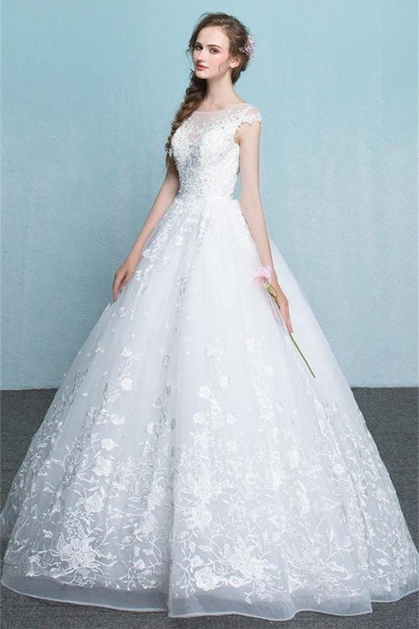 A Line Ball Gown Wedding Dresses
 Princess Long White Lace Tulle Wedding Dresses Modest