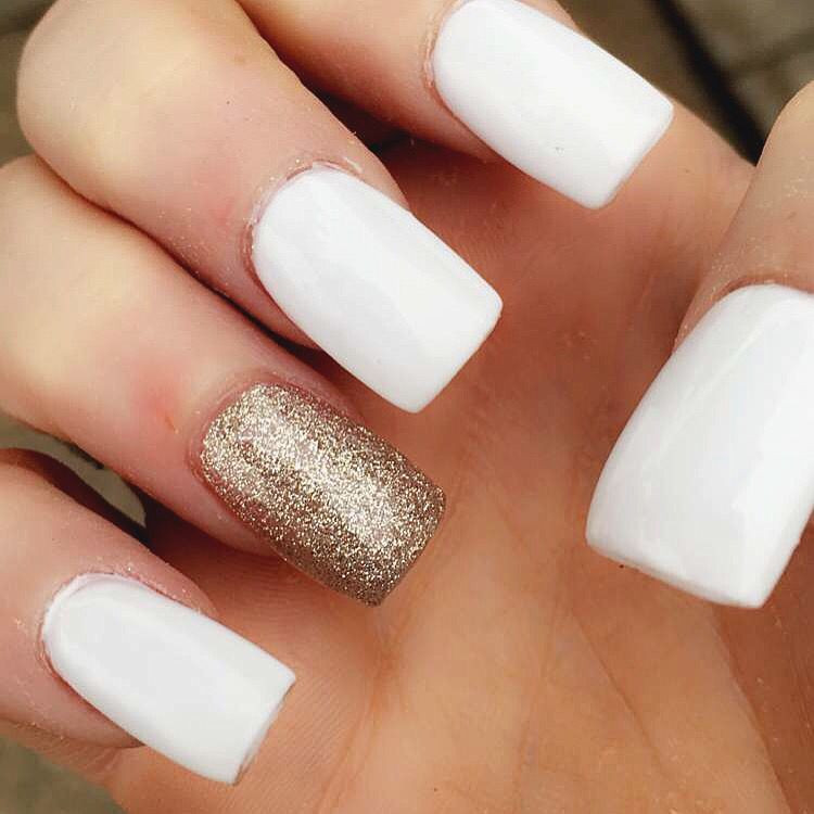 All White Nail Designs
 White Acrylic Nails With Gold Accent All 10 Fingers All