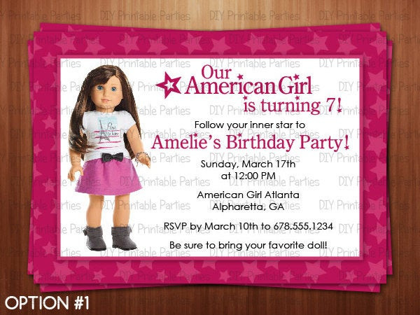 American Girl Birthday Party Invitations
 Printable DIY Pink American Girl Doll Theme by