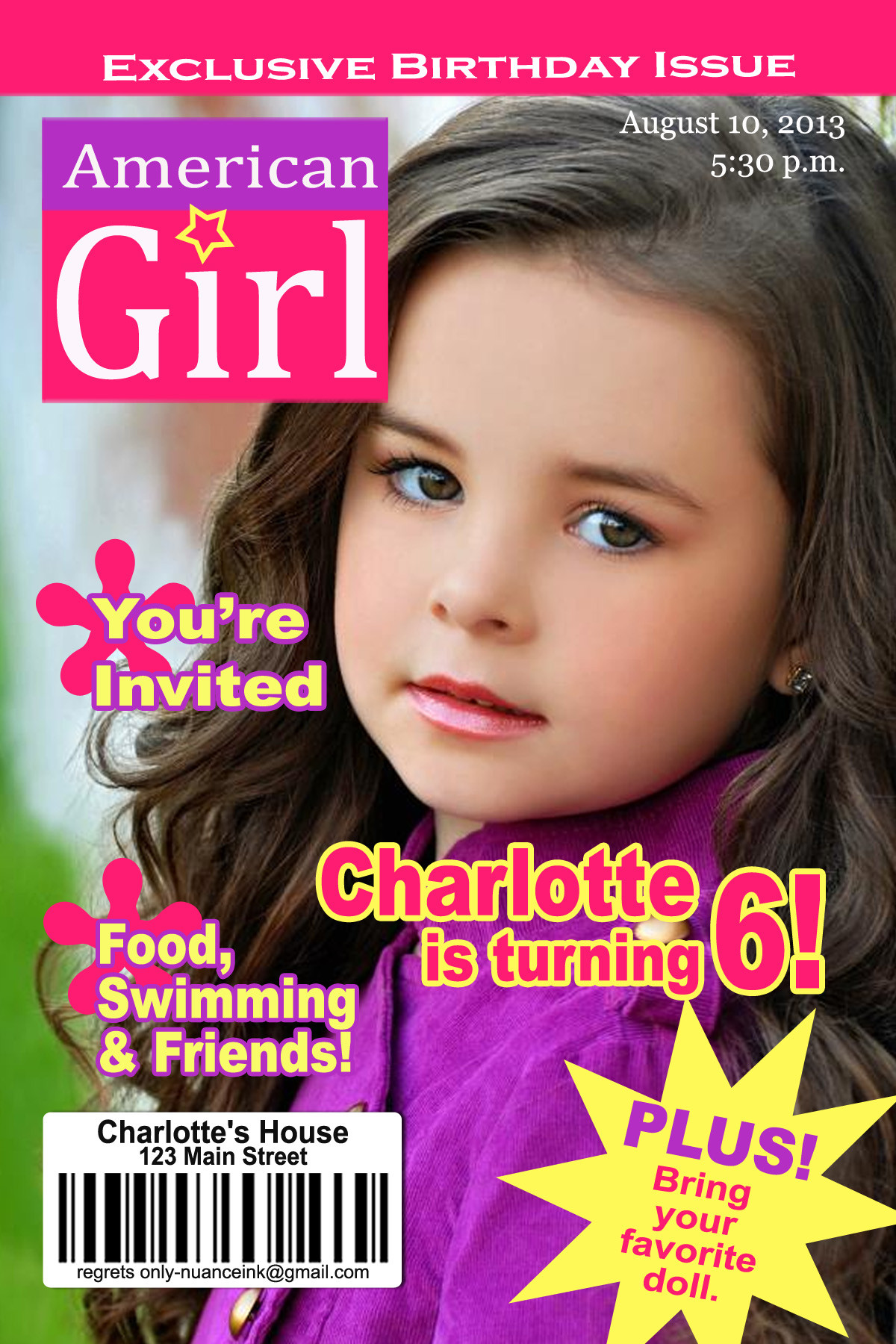 American Girl Birthday Party Invitations
 Custom American Girl Doll Magazine Style Birthday Party