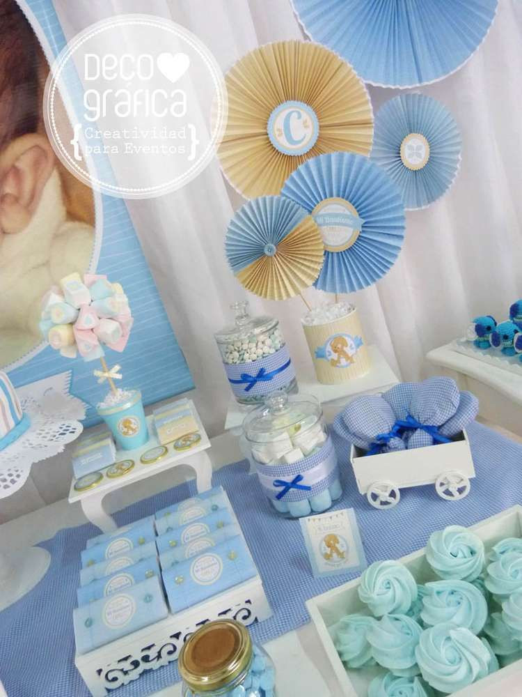 Baby Boy Christening Party Ideas
 Cream & light blue baptism party See more party ideas at