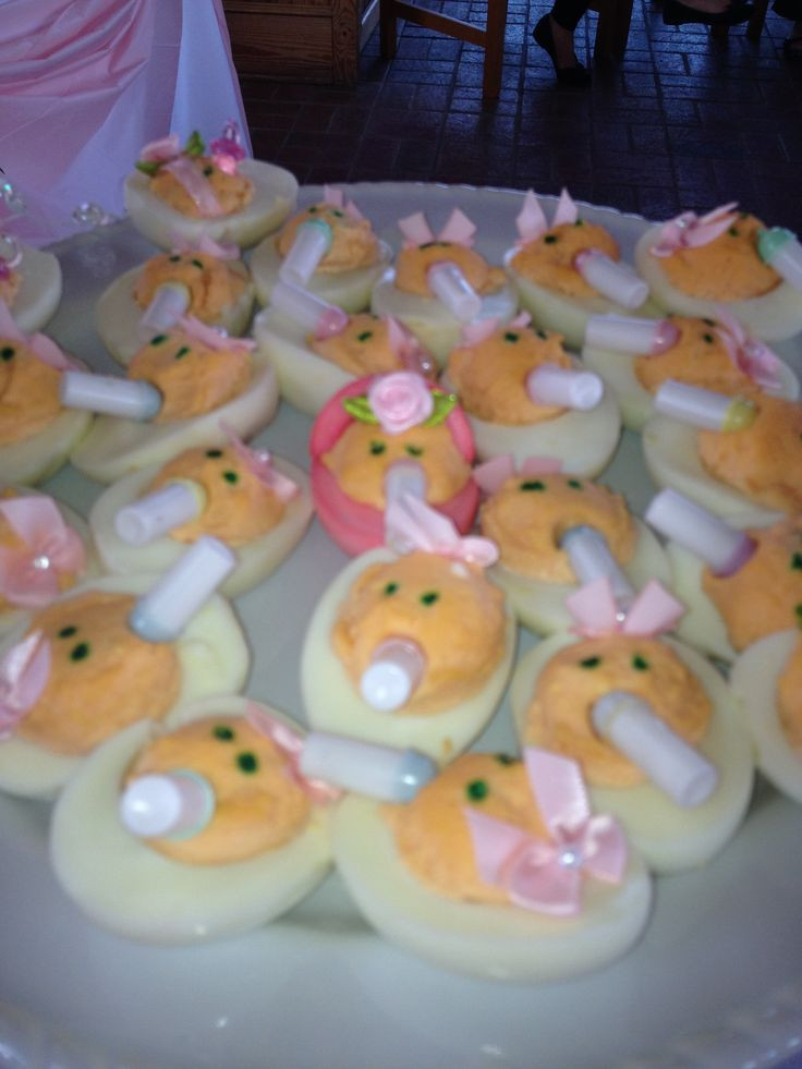 Baby Carriage Deviled Eggs
 Baby shower it s a girl deviled eggs