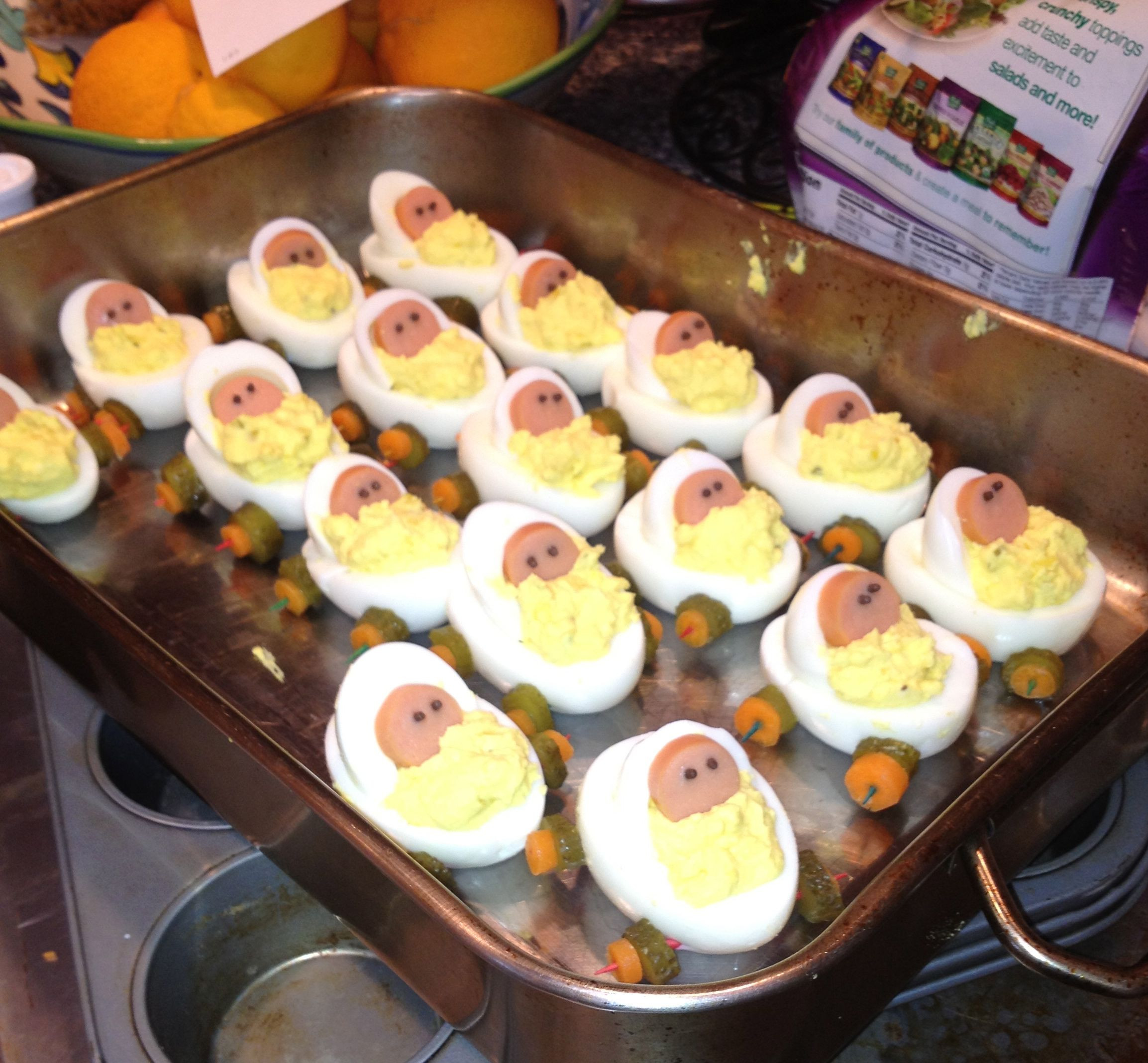 Baby Carriage Deviled Eggs
 deviled egg baby carriages I did these for the guys